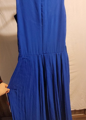 Mavi Pilili Puantiyeli Uzun Kadın Elbise - Görsel 2