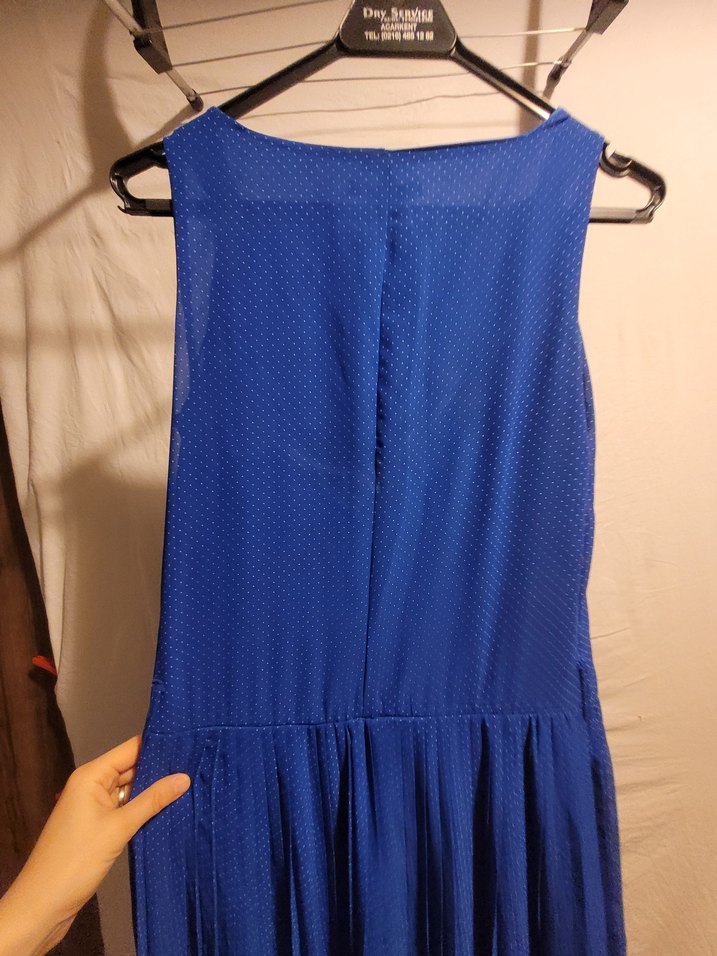 Mavi Pilili  Puantiyeli Uzun Kadın Elbise - Görsel 5