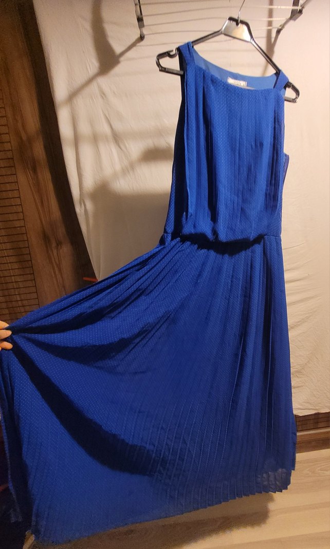 Mavi Pilili  Puantiyeli Uzun Kadın Elbise - Görsel 3