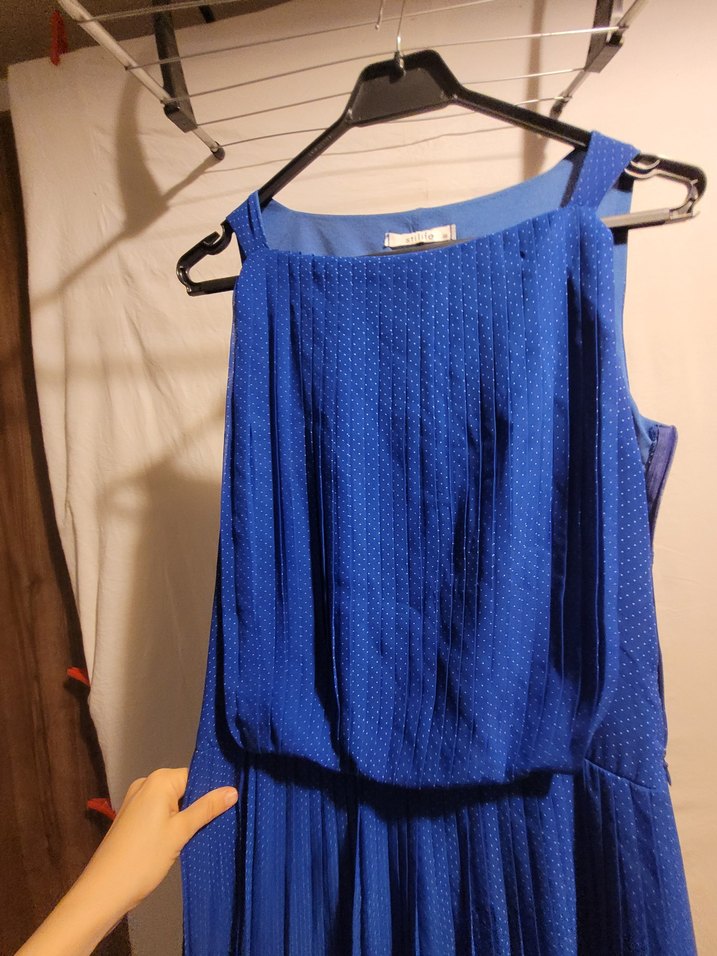 Mavi Pilili  Puantiyeli Uzun Kadın Elbise - Görsel 4