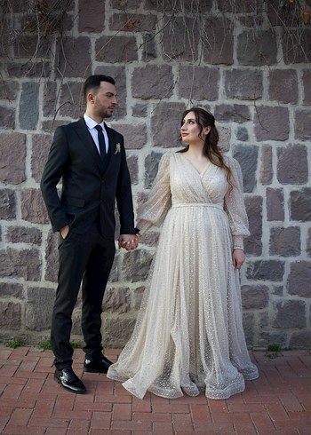 Balon Kollu V Yaka Parlak Nişanlık - Görsel 2