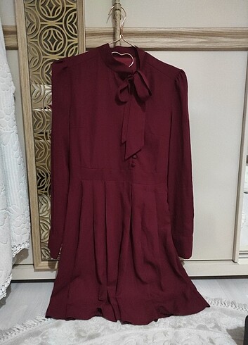 Şifon romantik uzun kollu elbise astarlı bordo