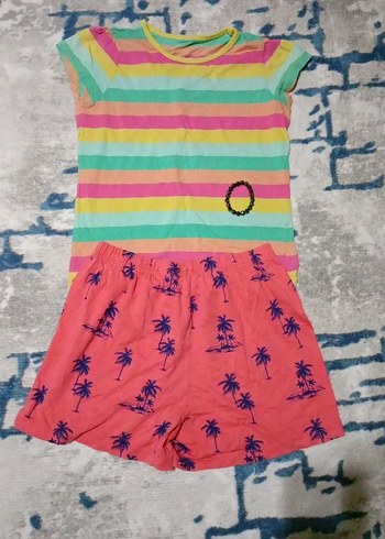 Kız Çocuk Renkli Çizgili Tişört ve Şort Takımı - Görsel 2