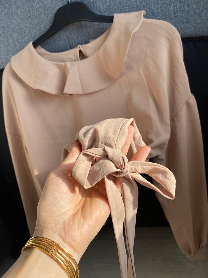 Bej Keten Kadın Bluz, - Görsel 4