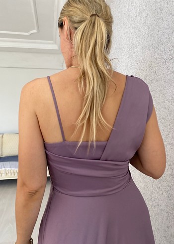 Mor Uzun Drapeli Kadın Abiye Elbise - Görsel 4