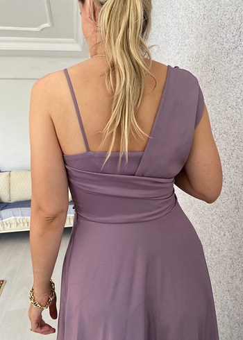 Mor Uzun Drapeli Kadın Abiye Elbise - Görsel 5