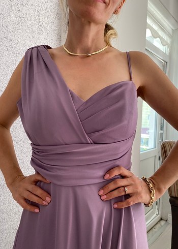 Mor Uzun Drapeli Kadın Abiye Elbise - Görsel 3