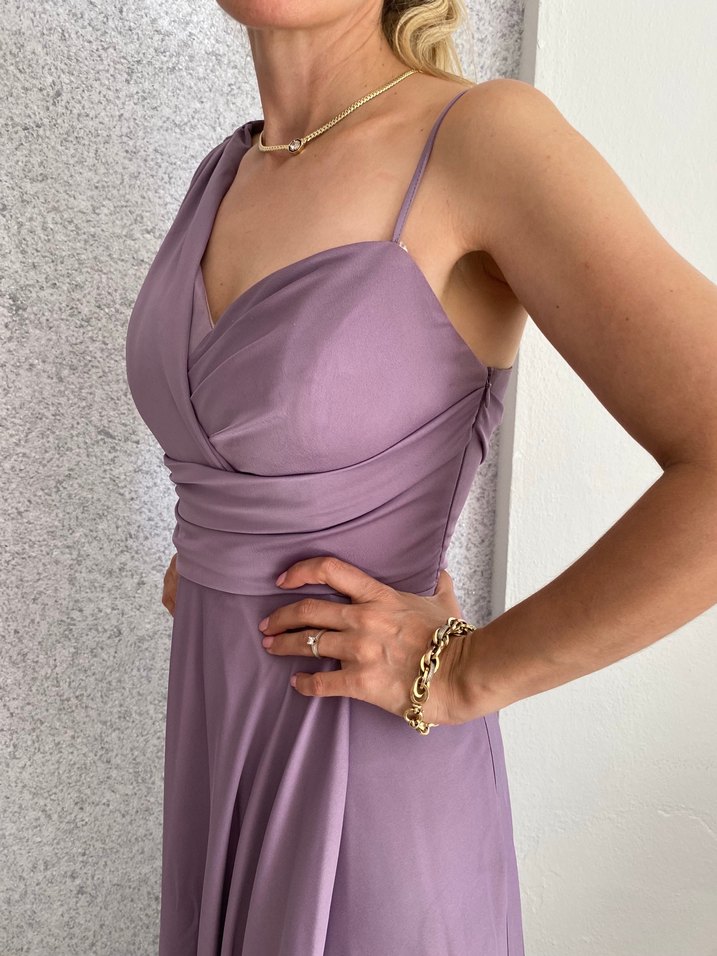Mor Uzun Drapeli Kadın Abiye Elbise - Görsel 2