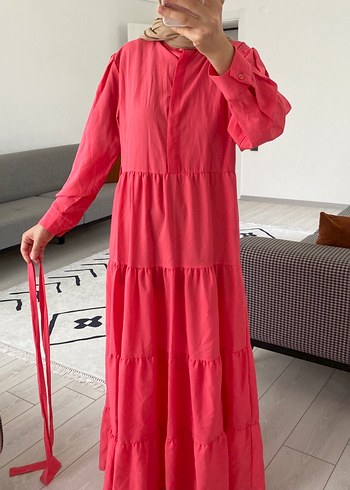 Pembe Uzun Salaş Fırfırlı Bohem Elbise - Görsel 9