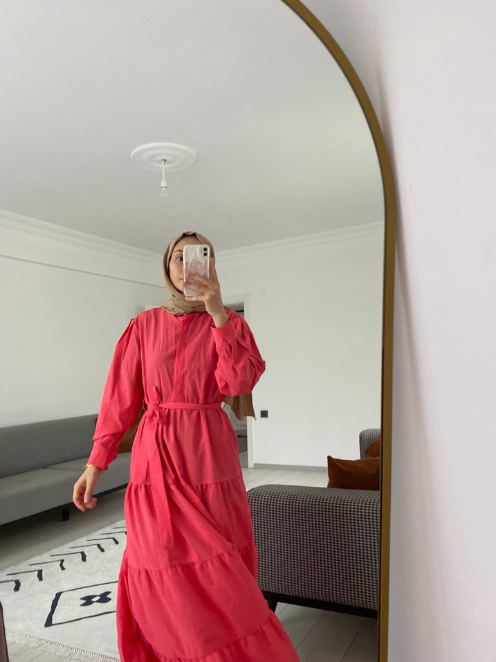 Pembe Uzun Salaş Fırfırlı Bohem Elbise - Görsel 3