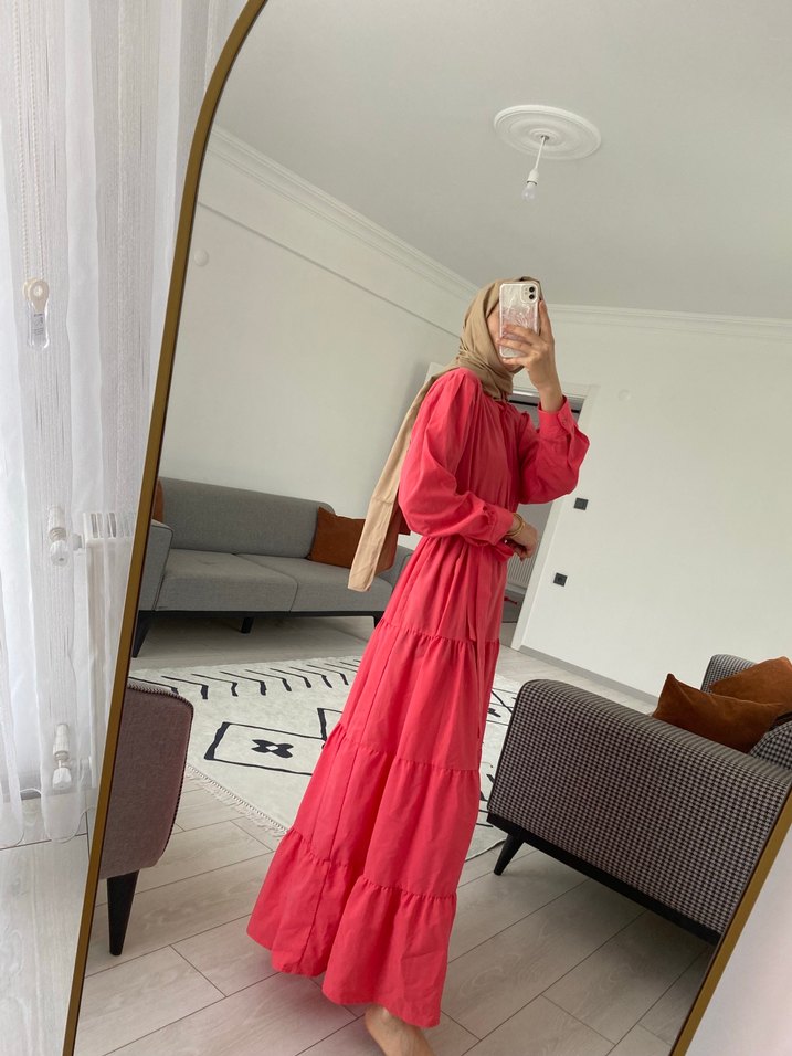 Pembe Uzun Salaş Fırfırlı Bohem Elbise - Görsel 5