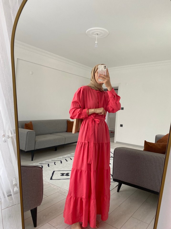 Pembe Uzun Salaş Fırfırlı Bohem Elbise - Görsel 2