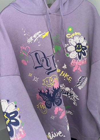 Baskılı Mor Kapüşonlu Kadın Sweatshirt - Görsel 5