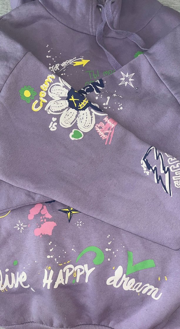 Baskılı Mor Kapüşonlu Kadın Sweatshirt - Görsel 4