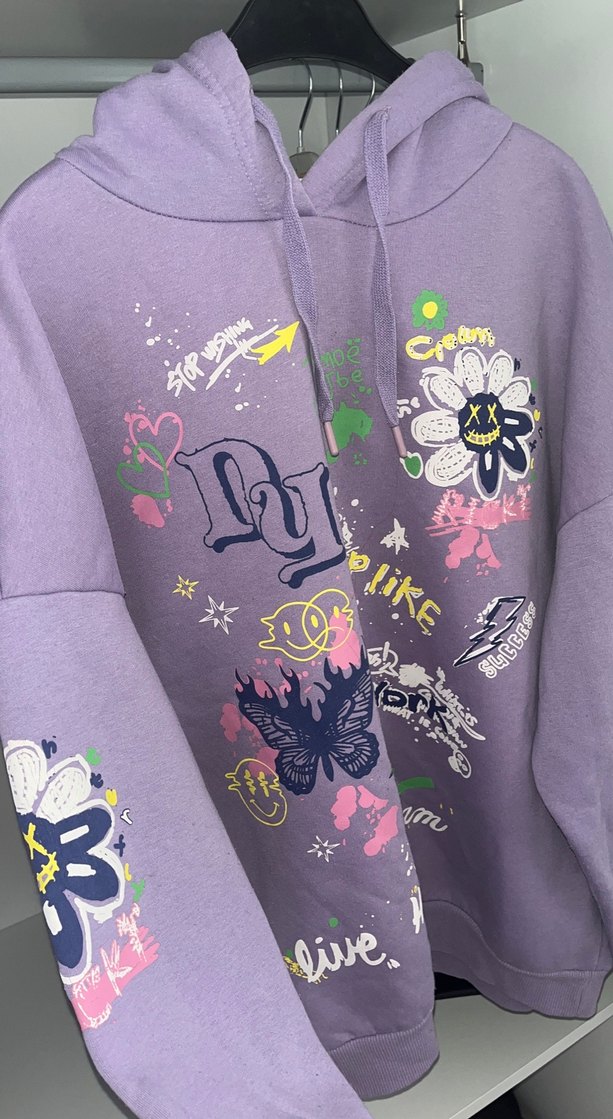 Baskılı Mor Kapüşonlu Kadın Sweatshirt - Görsel 5