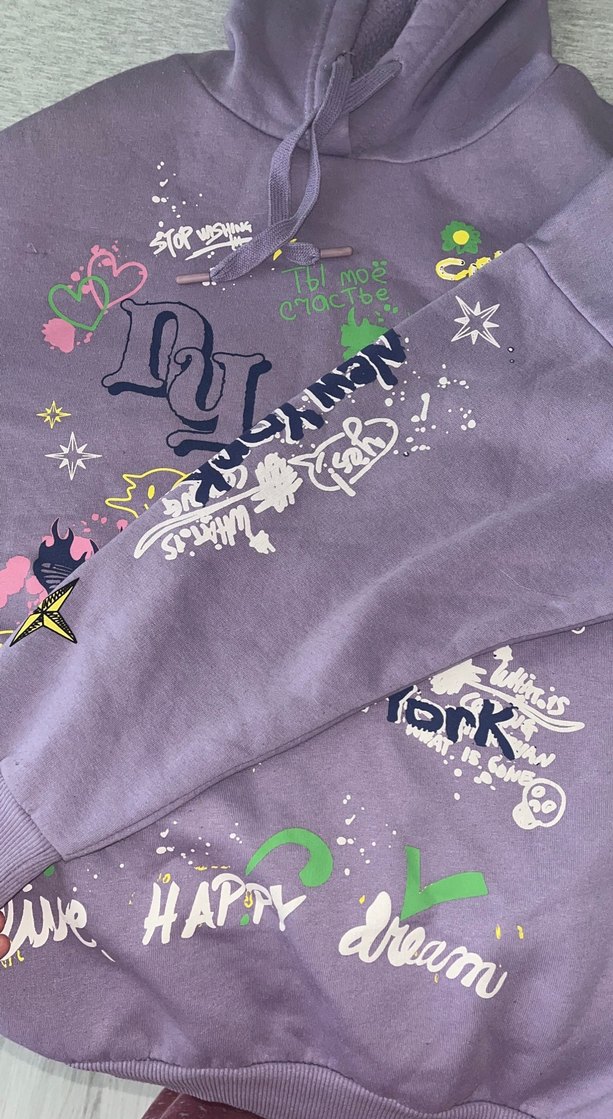 Baskılı Mor Kapüşonlu Kadın Sweatshirt - Görsel 2