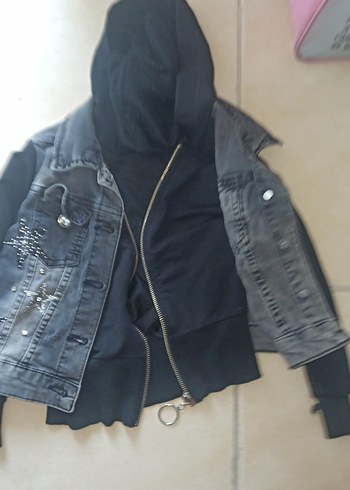 Düğmeli Siyah Gri Kapüşonlu  Kot Ceket - Görsel 2