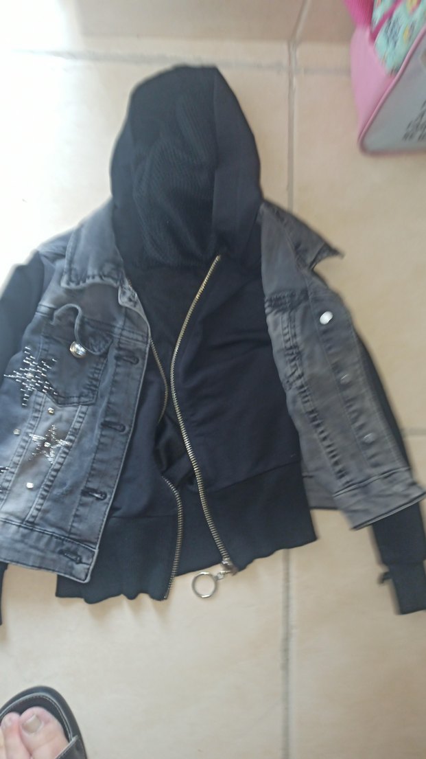 Düğmeli Siyah Gri Kapüşonlu  Kot Ceket - Görsel 2