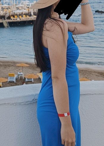 Zara Mavi Straplez Midi Kadın Tulum