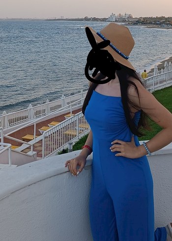 Mavi Straplez Midi Kadın Tulum