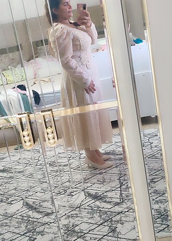 Bej Dantel Detaylı Uzun Kollu midi abiye Elbise - Görsel 2