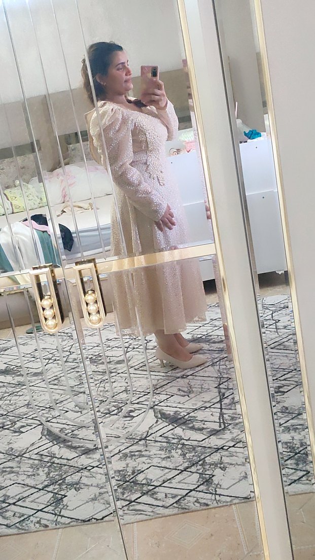 Bej Dantel Detaylı Uzun Kollu midi abiye Elbise - Görsel 2