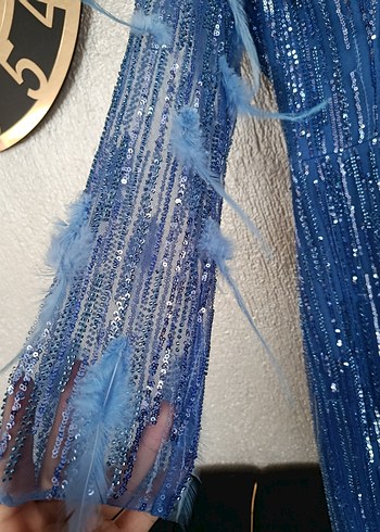 Uzun Kollu Mavi İşlemeli Abiye Elbise - Görsel 5