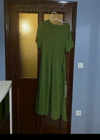 V Yaka Drapeli Haki Uzun Elbise - Görsel 2