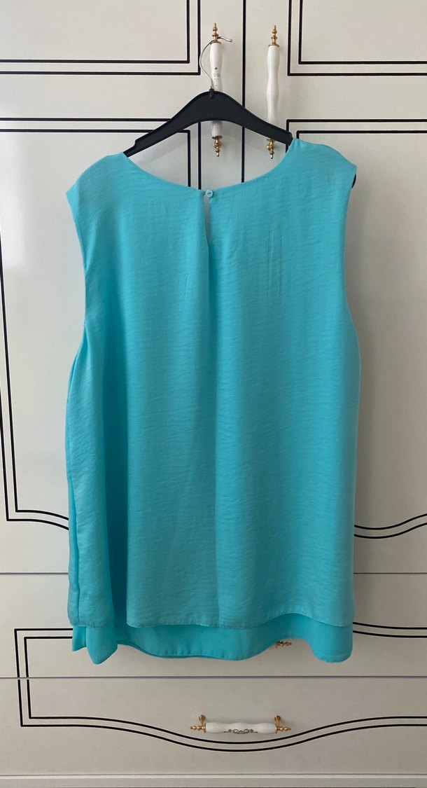 Turkuaz Keten Salaş Kolsuz Bluz - Görsel 2