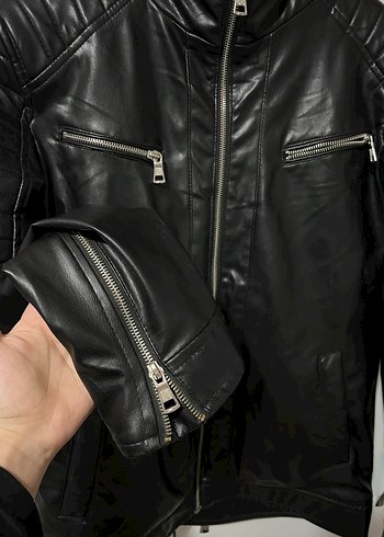 Erkek Siyah Deri Biker Ceket - Görsel 2