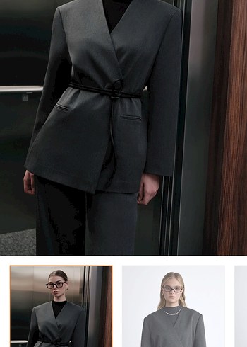 Kadın Gri Midi Blazer Kemerli