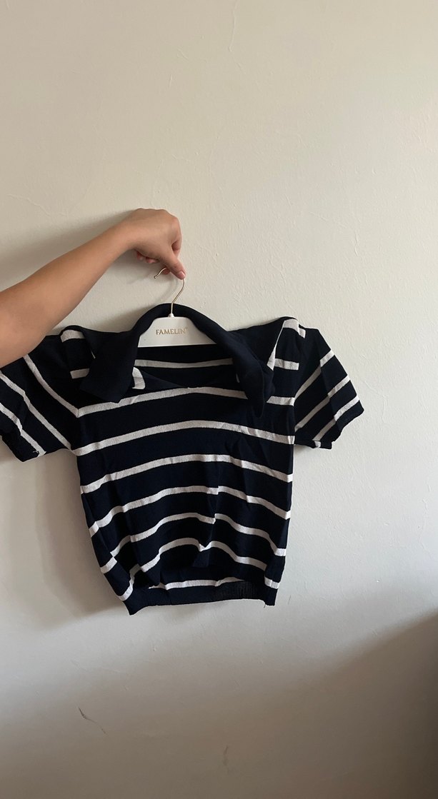 Çizgili Kısa Kollu Triko Hamile Bluz - Görsel 2