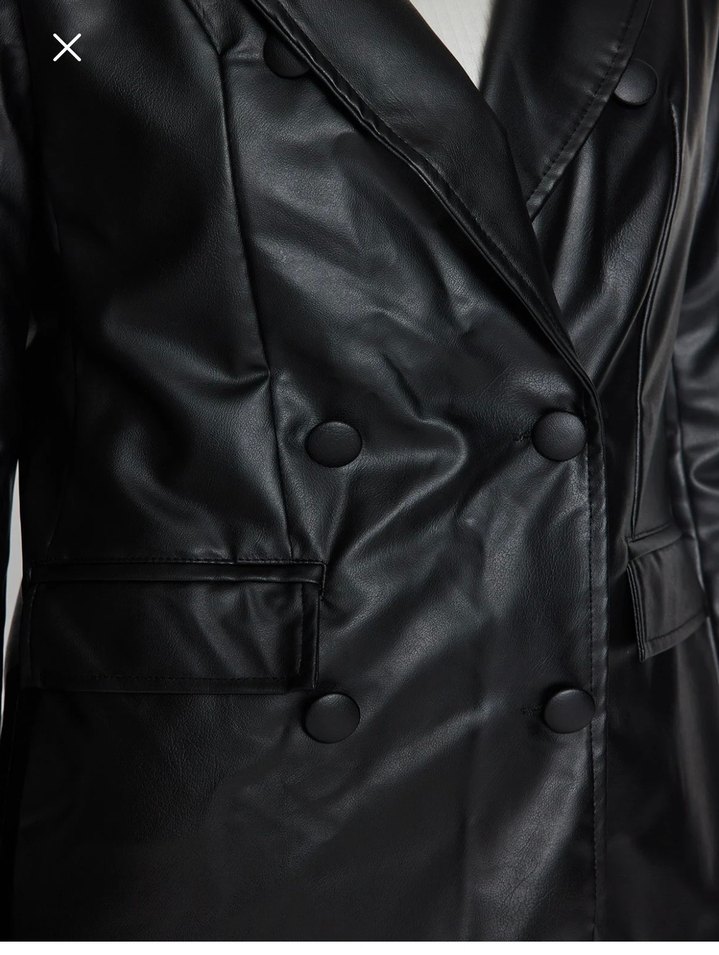 Düğmeli Siyah Deri Kadın Blazer - Görsel 2