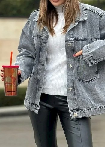 Gri Batik Desenli Oversize Denim Ceket - Görsel 2