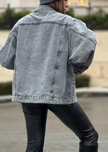 Gri Batik Desenli Oversize Denim Ceket - Görsel 3