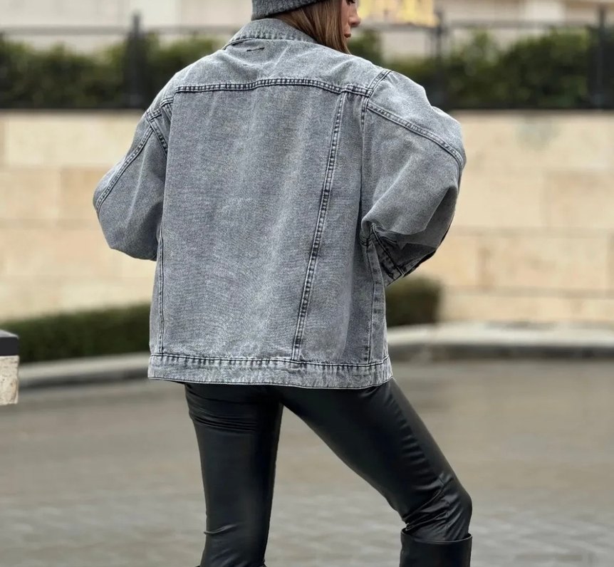 Gri Batik Desenli Oversize Denim Ceket - Görsel 3