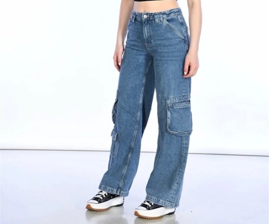 Kadın Mavi Bağcıklı Rahat Kesim Jean - Görsel 2