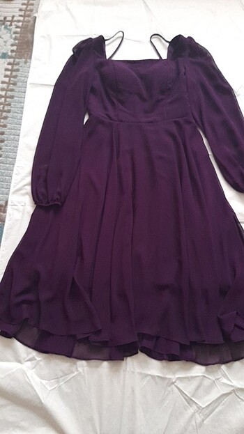 Mürdüm şifon kare yaka uzun şifon kollu şifon elbise - Görsel 5