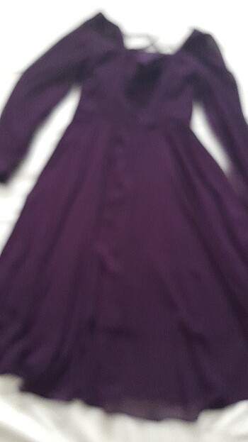 Mürdüm şifon kare yaka uzun şifon kollu şifon elbise - Görsel 6