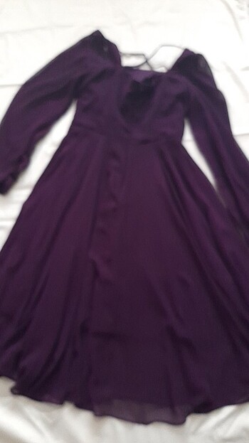 Mürdüm şifon kare yaka uzun şifon kollu şifon elbise - Görsel 7