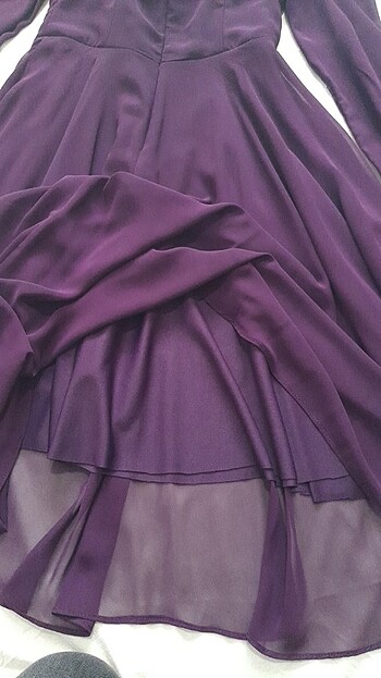 Mürdüm şifon kare yaka uzun şifon kollu şifon elbise - Görsel 9