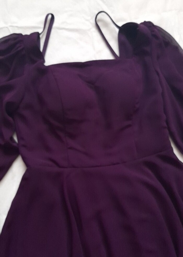 Mürdüm şifon kare yaka uzun şifon kollu şifon elbise - Görsel 2