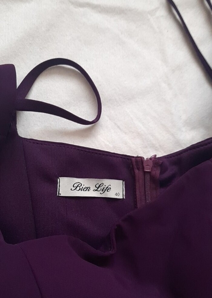 Mürdüm şifon kare yaka uzun şifon kollu şifon elbise - Görsel 3