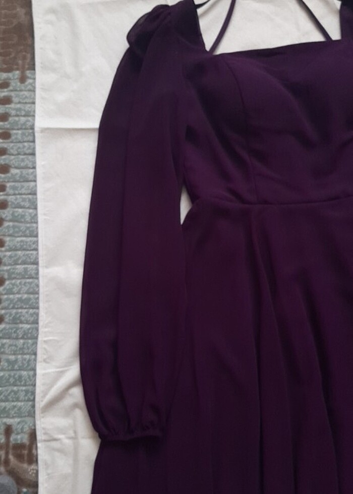 Mürdüm şifon kare yaka uzun şifon kollu şifon elbise - Görsel 4