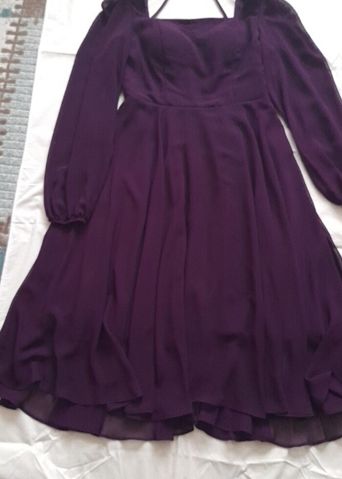 Mürdüm şifon kare yaka uzun şifon kollu şifon elbise - Görsel 5