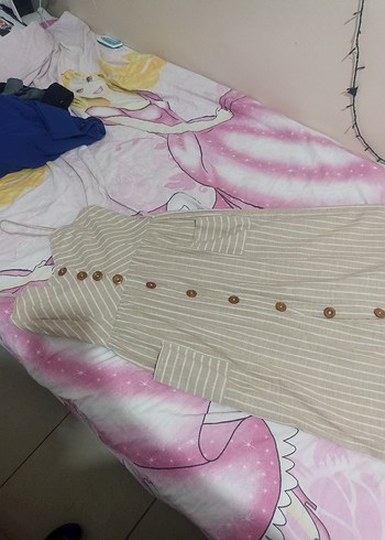 Diğer Bej Çizgili Askılı Uzun Pamuklu Elbise