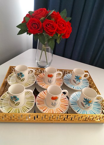 Güral porselen sıfır Çiçek Desenli 6'lı Renkli Kahve Fincan Seti