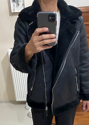 Siyah Süet Kürk Detaylı Biker Ceket