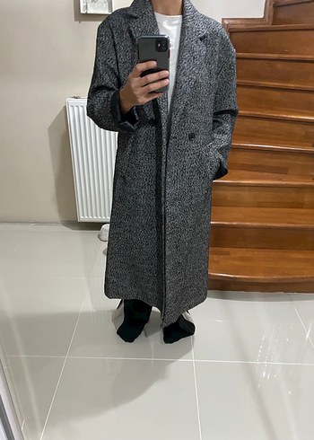 m Beden gri Renk Gri Midi Düğmeli Ofis Kabanı