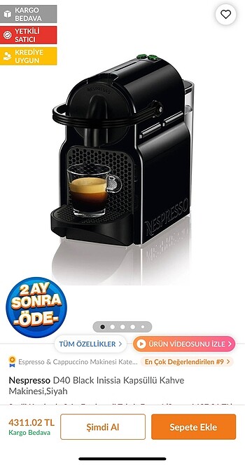 Nespresso D40 İnissia Kapsüllü Kahve Makinesi